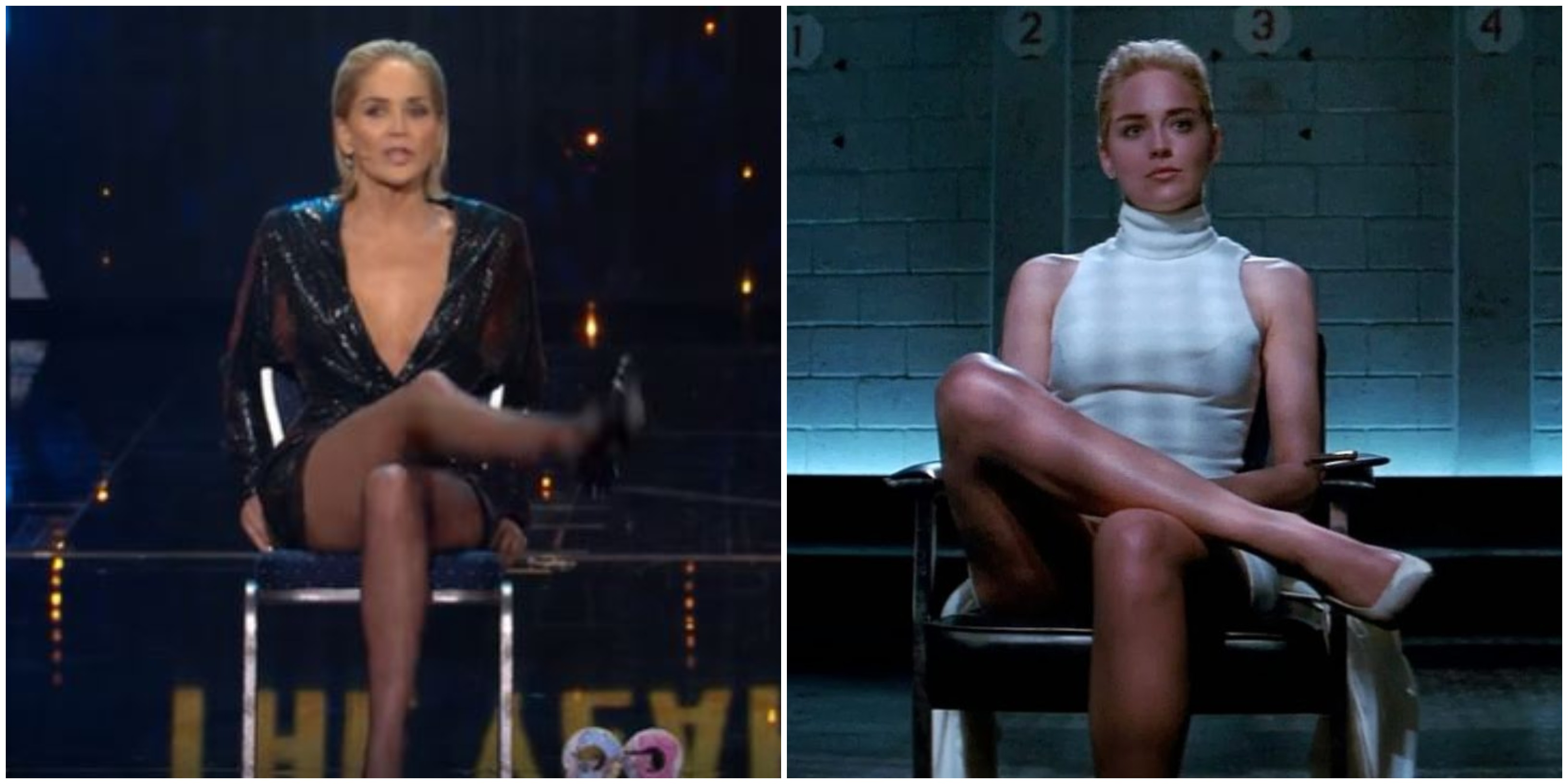 Sharon Stone ricrea la famosa scena dell’accavallamento di gambe di “Basic Instinct”