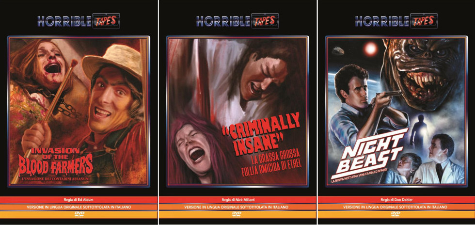Invasion of the blood farmers, Criminally insane e Nightbeast sono i tre nuovi inediti  horror della collana Horrible Tapes