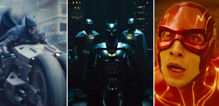 The Flash: il nuovo spot mostra i tanti costumi del Batman di Michael Keaton