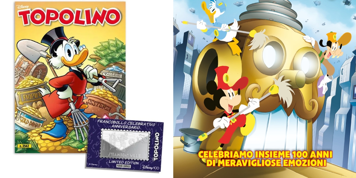 Topolino 3542: disponibile il francobollo celebrativo di Steamboat Willie e l’ultima doppia cover dedicata a Disney 100. I festeggiamenti proseguono con la steelbox “Disney100 – 100 anni di meravigliose emozioni”